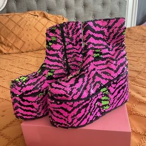 YRU Qomet Zebra Stripe Sequins Green Punk Gothic Rave Punk Platforms Boots Shoes